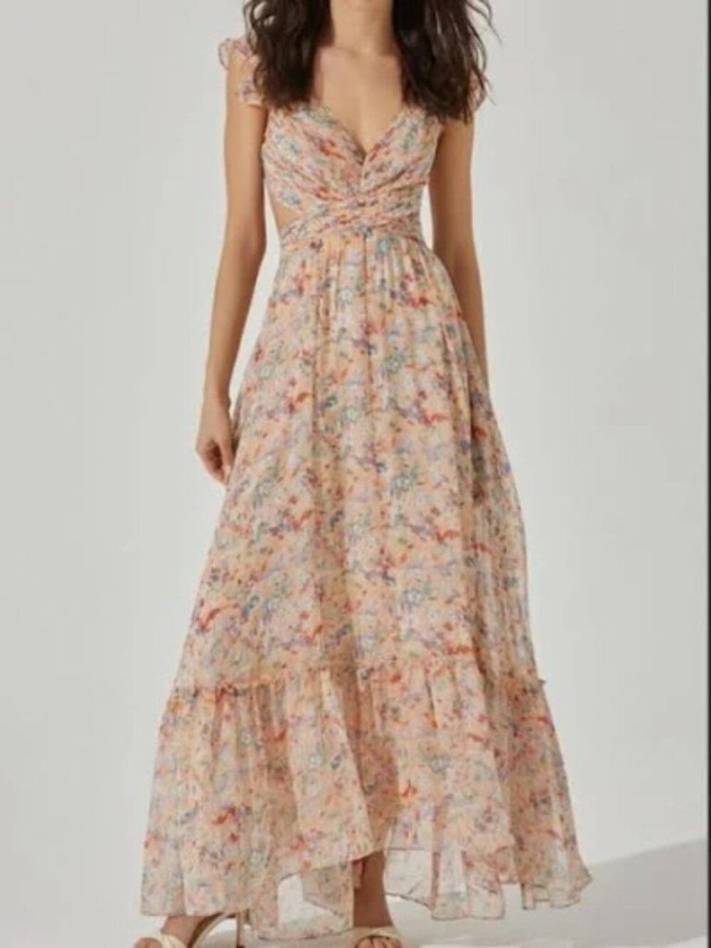 NWT ASTR Primrose Floral Strappy Back Maxi Dress in PEACH MULTI FLORAL XS